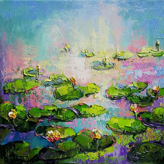 Water lilies at sunset - painting original oil, canvas