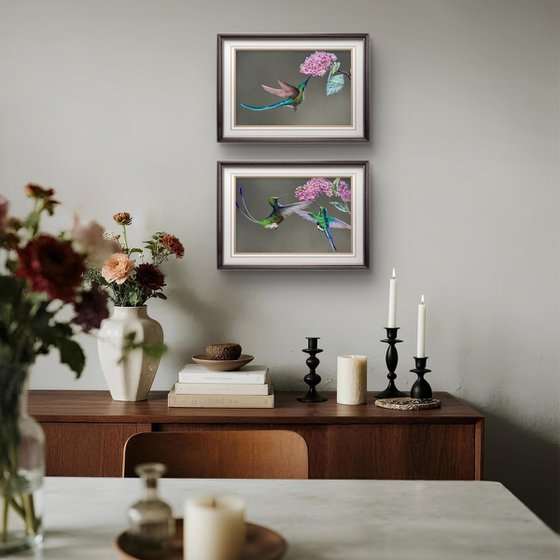 Colibri Flowers Diptych Pastel