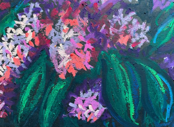 Lilac Flowers Oil Pastel Painting, Floral Original Drawing, Purple Gift for Her, Spring Floral Wall Art