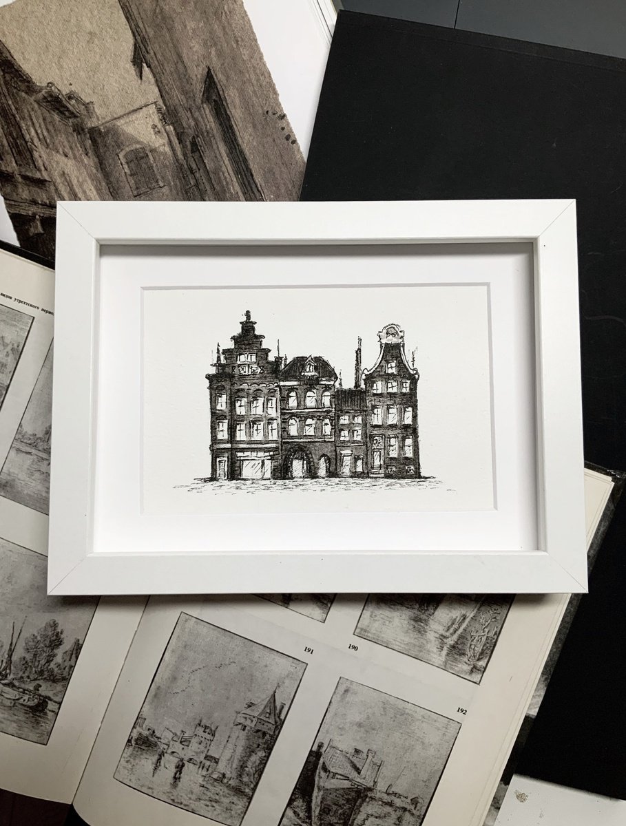 Cityscapes Ink Drawing By Alena Post, 8 X 6, Amsterdam Canal Houses, Original Artwork