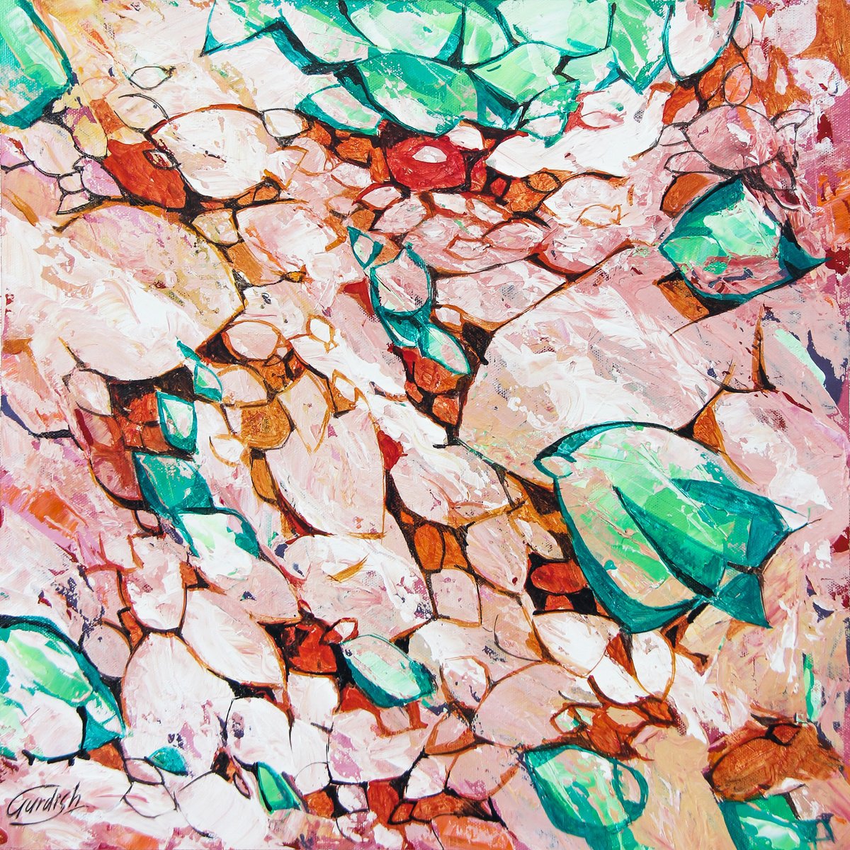 Abstract Acrylic Painting By Artist Gurdish Pannu, 18 X 18, The Crystal Affair, Original Artwork