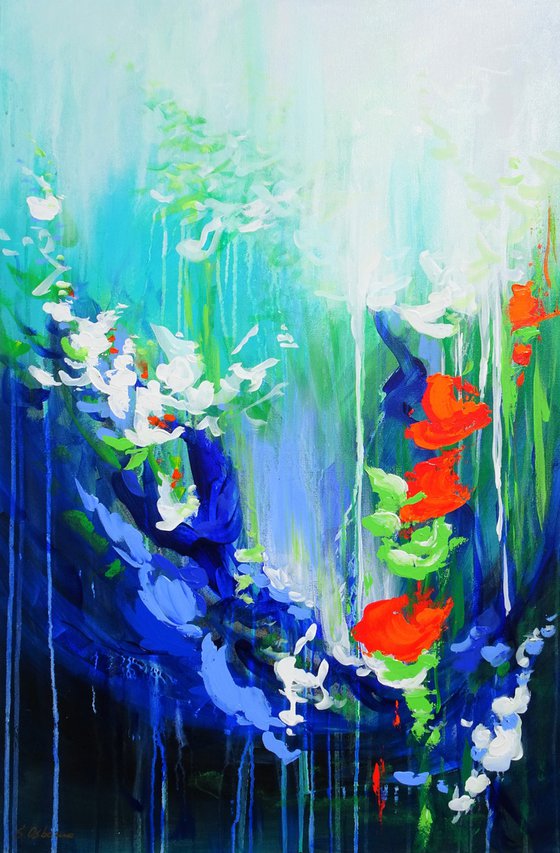 Abstract Flowers Modern Floral Landscape Painting. Blue, Red, Green, Violet, Teal, Abstract Tropical Flowers and Birds. Original Botanical Garden Painting on Canvas. Modern Impressionistic Art