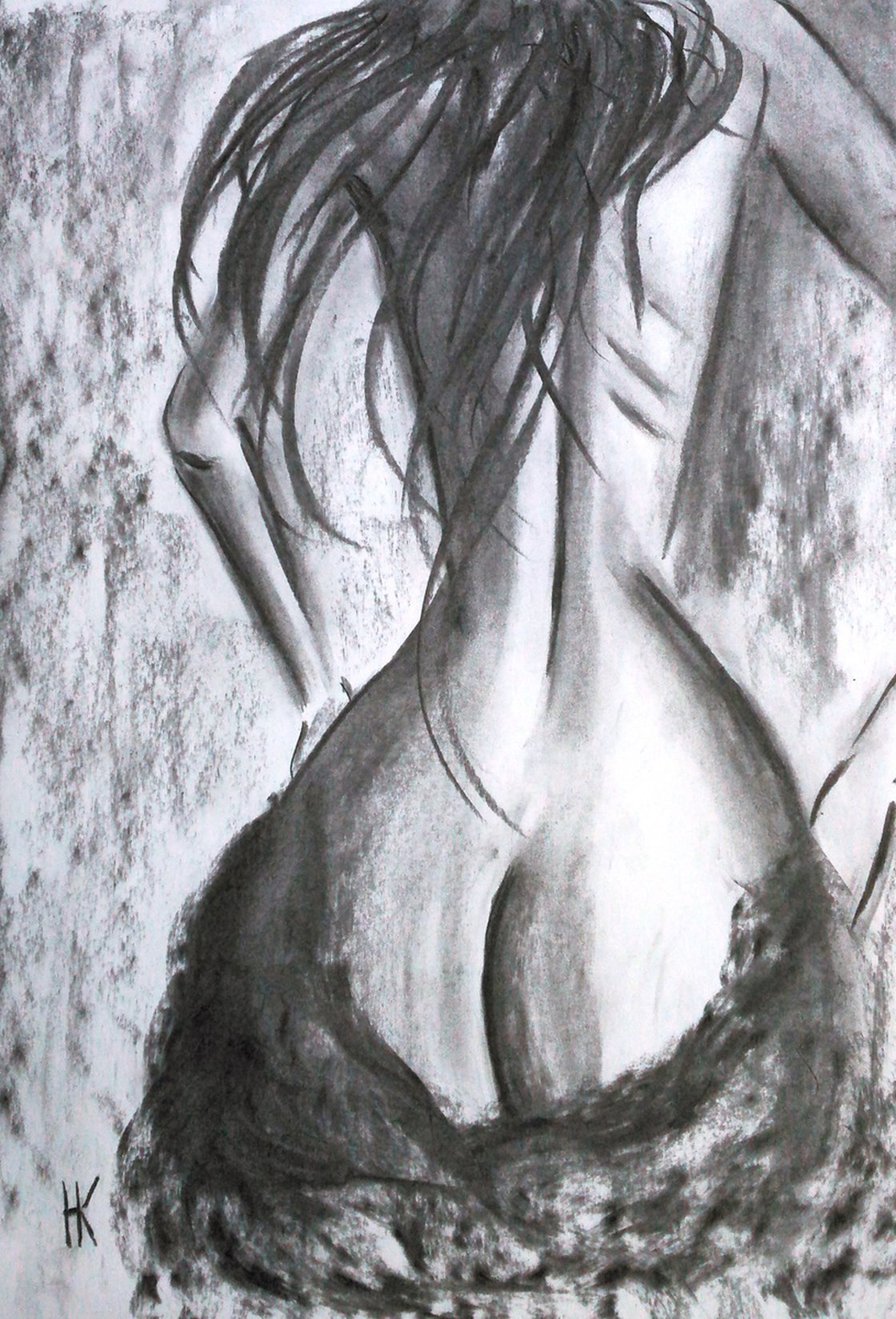 Nude Painting Female Original Art Standing Woman Drawing Charcoal Black and  White Home Erotic Wall Art 13 by 18