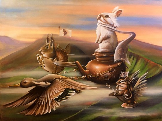 Tea milk trip to England- original oil/acrylic on canvas 92 x 73 / 36' x 29 ' inches