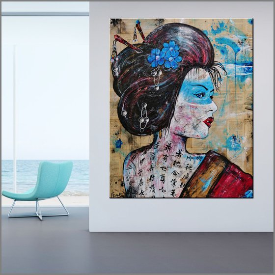 Sapphire 120cm x 150cm Geisha Book Page Urban Pop Art