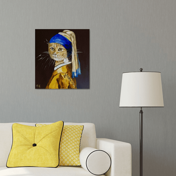 Cat with the pearl earring inspired by Vermeer painting modern home wall decor palette knife urban art feline art for cat lovers gift idea