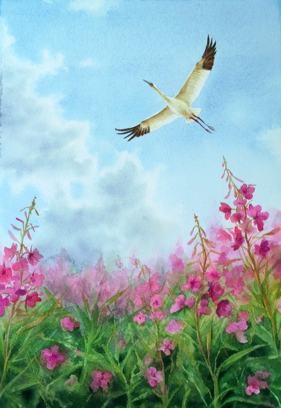 Flying Crane Bird -  watercolo