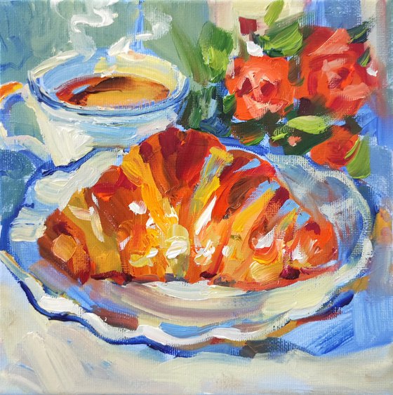 Croissant and Coffee. Oil Painting.