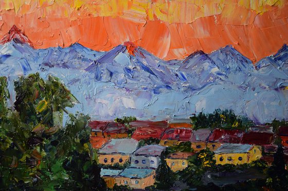 Original large oil painting Sunset in mountains High Tatras, Slovakia