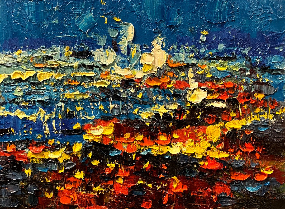 Abstract Oil Painting By Paul Cheng, 12 X 9", Abstract Night City Lights, Original Artwork