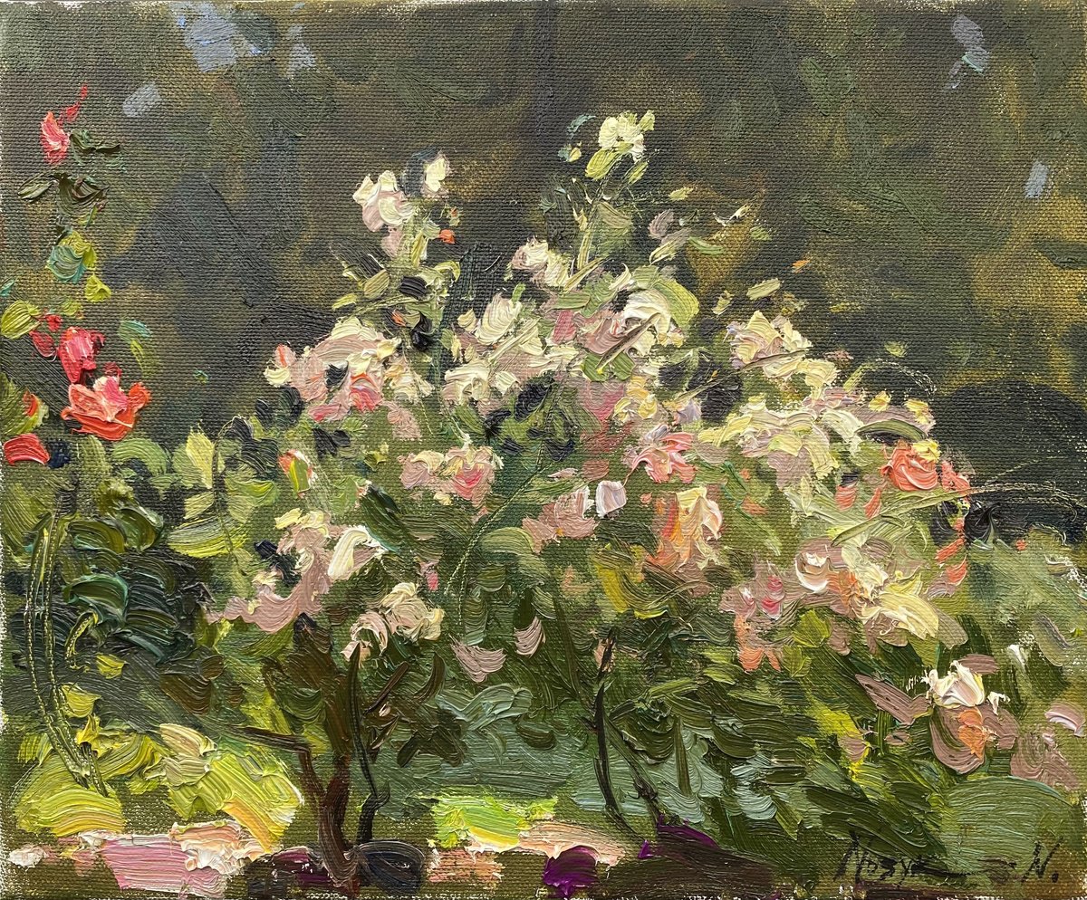 Impressionistic Botanical Oil Painting By Nataliia Nosyk, 12 X 10", Rose Bush, Original Artwork