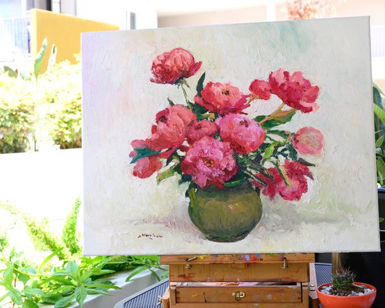 Peonies in Olive Green Vase