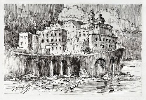 Amalfi, 2020, original ink drawing on paper. by Marin Victor