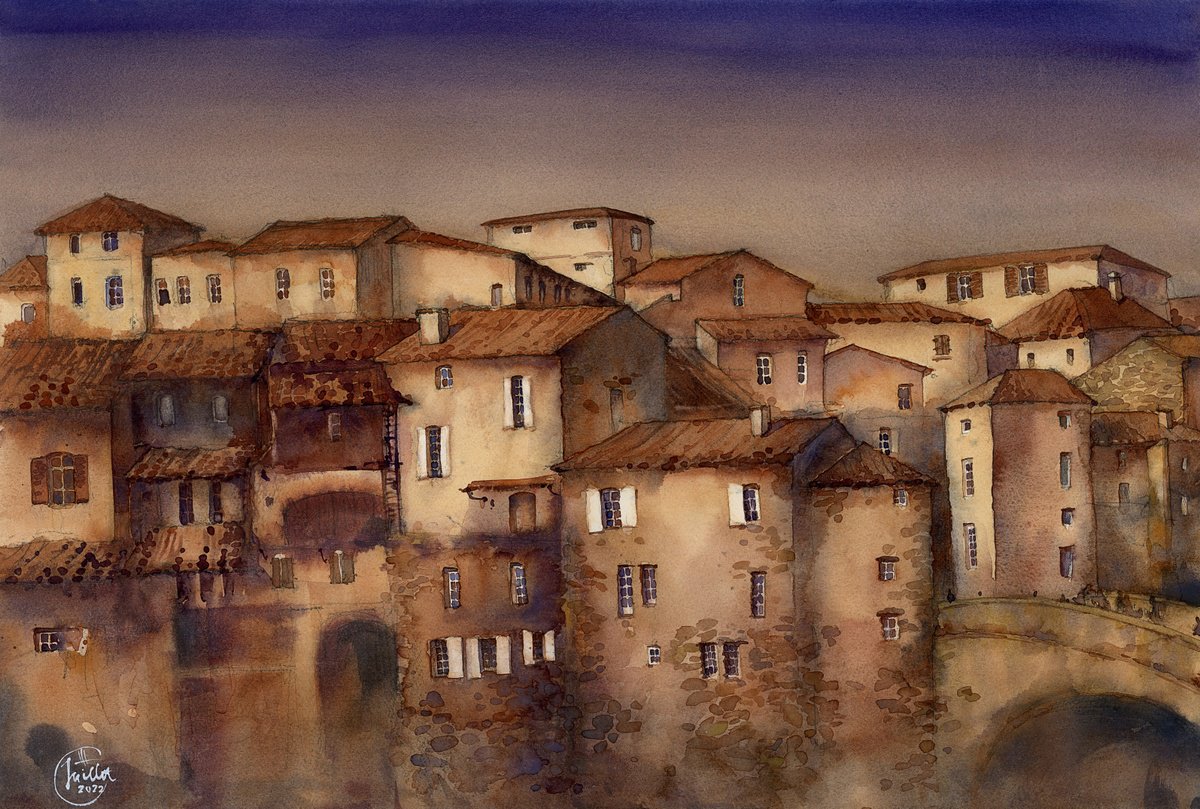 Impressionistic Cityscapes Watercolour By Tatyana Tokareva, 22 X 15", Ancient Roman City In Provence, Original Artwork