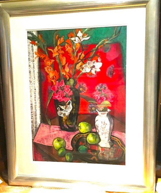 Still life with Gladioli and Green Apples