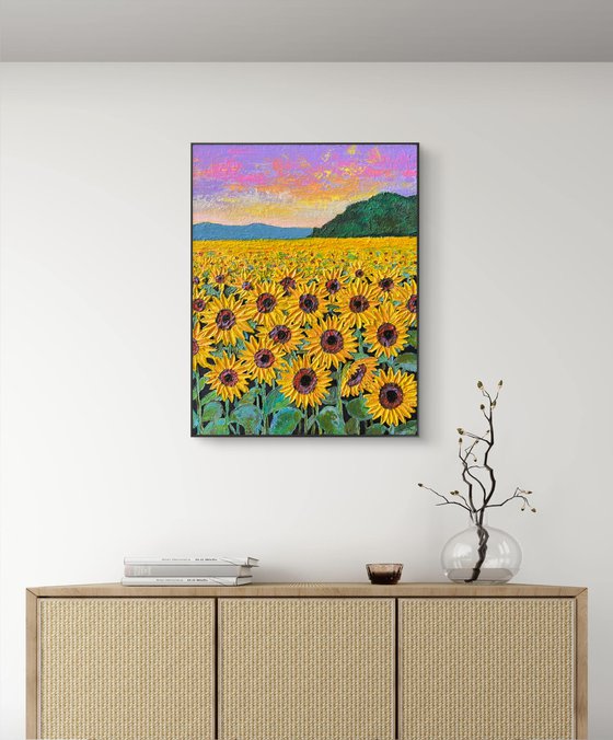 Sunflowers field at sunset