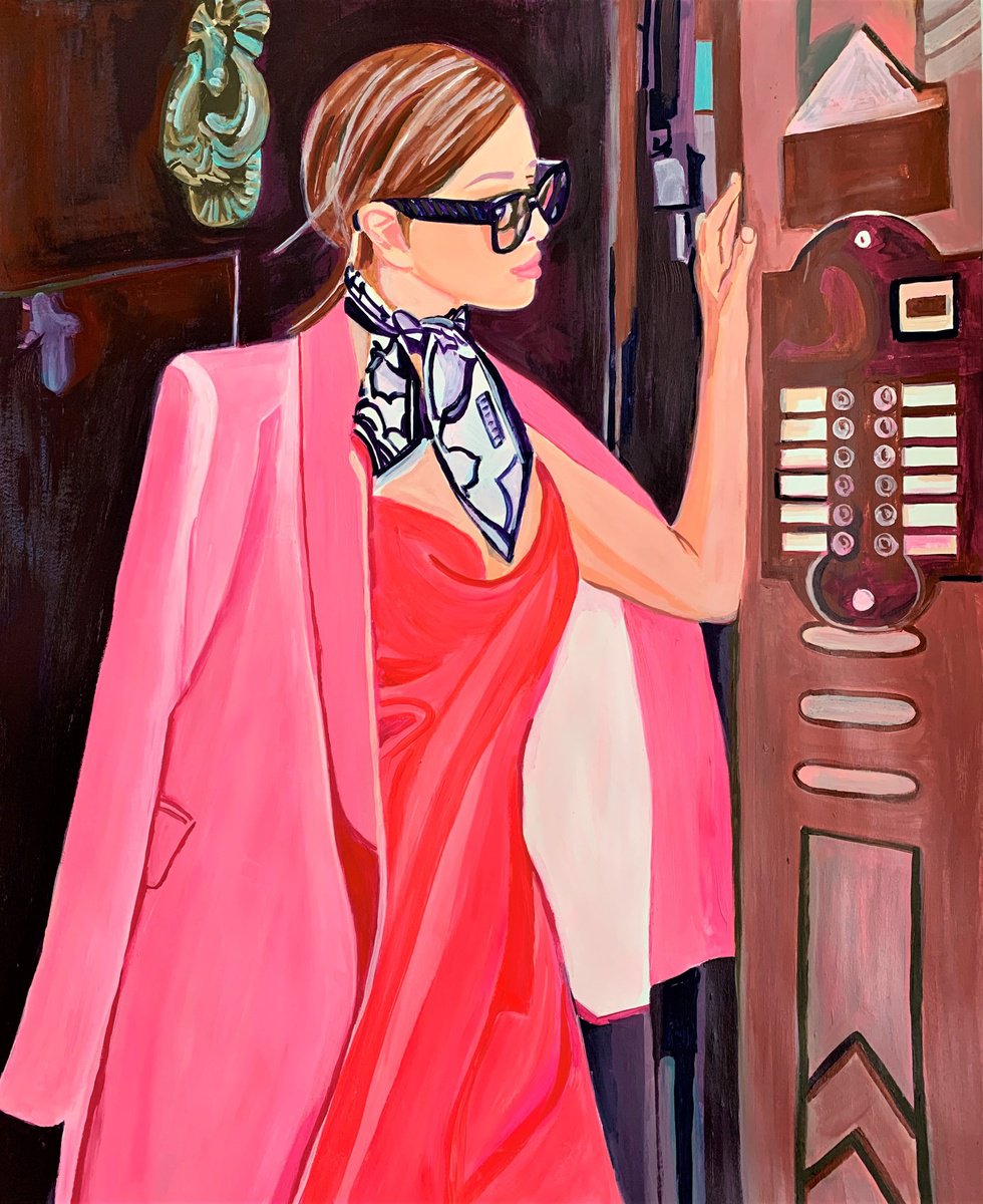 Urban And Pop Portrait Acrylic Painting By Alexandra Djokic, 28 X 33, Lady In Pink, Original Artwork