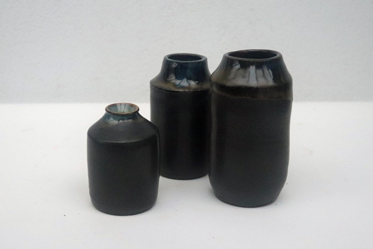 Geometric Abstract Clay Sculpture By Koen Lybaert, 2 X 4", Three Little Black Vessels., Original Artwork