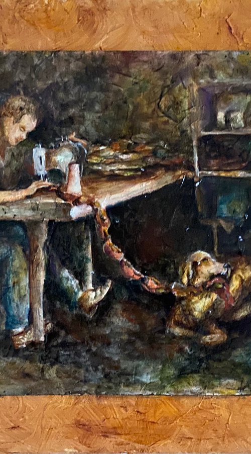 Unique Original Oil Painting of a Vintage Cobbler and it’s Helper 9x12 on 12x16 glazed panel by Mary Gullette