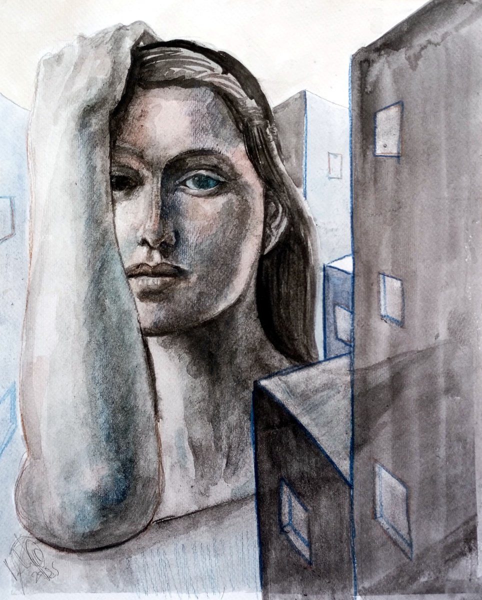 Illustrative Portrait Drawing By Paolo Beneforti, 9 X 12", City Woman, Original Artwork