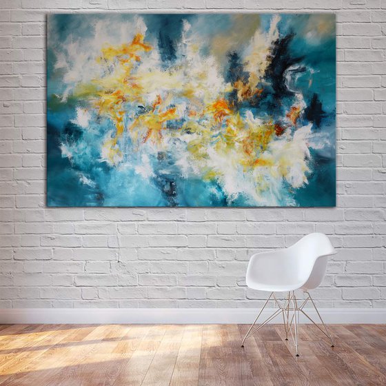 Abstract painting - Sunrise, waves and sargassum - large blue ocean painting