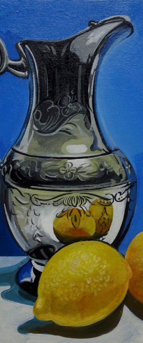 Still life water jug and lemons by Joseph Lynch