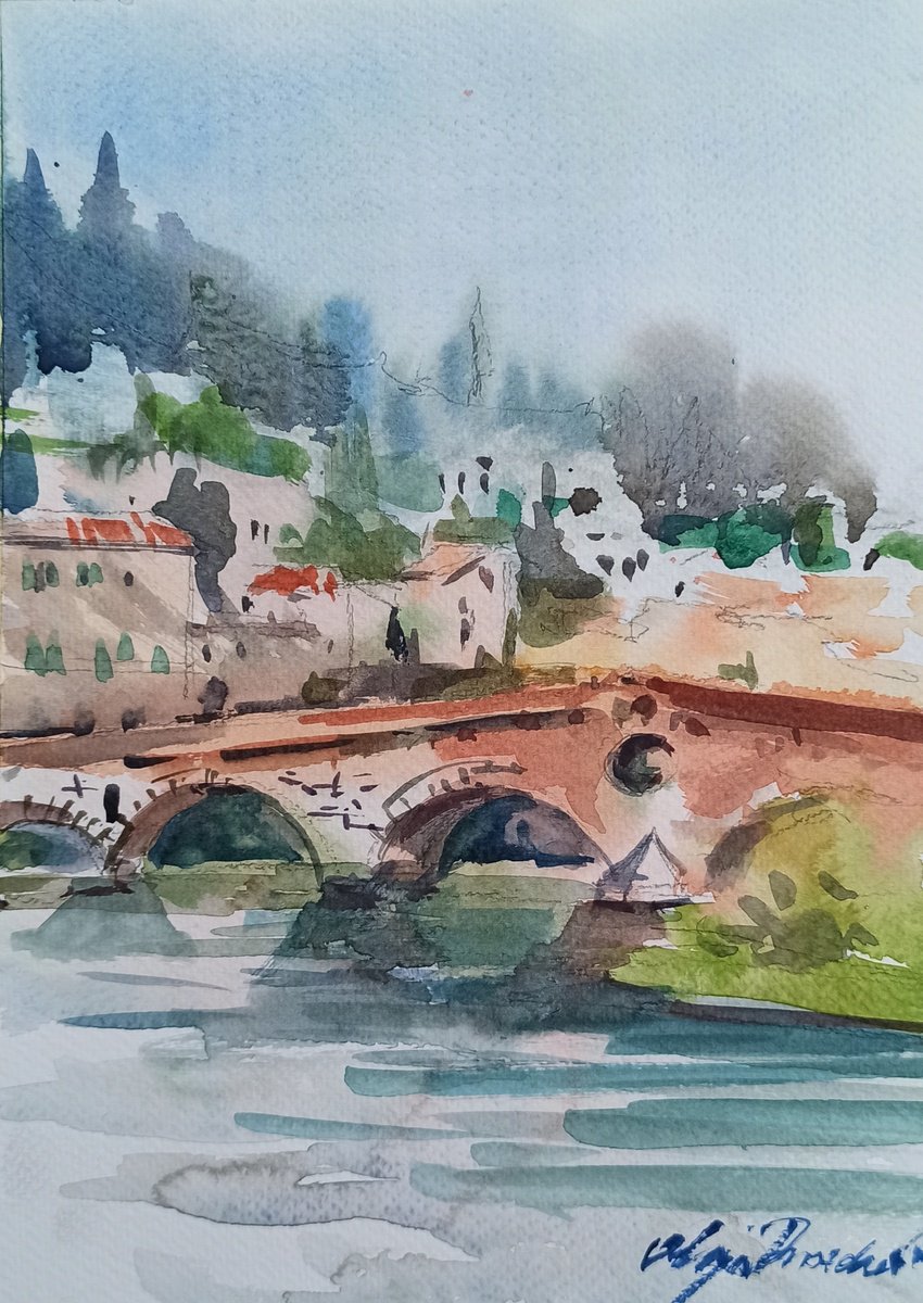 Verona Ponte Pietra Plein Air by Olga Drozdova