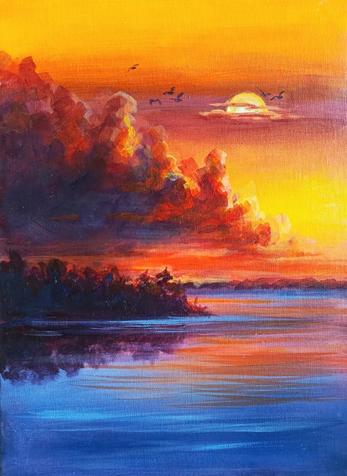 Beautiful bright sunset on the river by Anastasia Art Line