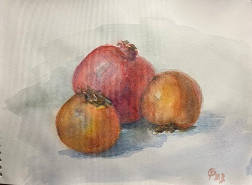 Pomegranate and persimmons still life original watercolour artwork by Roman Sergienko