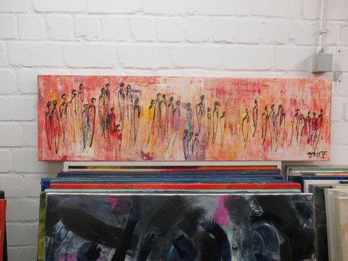 citytalk abstract all colored people Oilpainting 15,7 x 55,1 inch by Sonja Zeltner-Müller