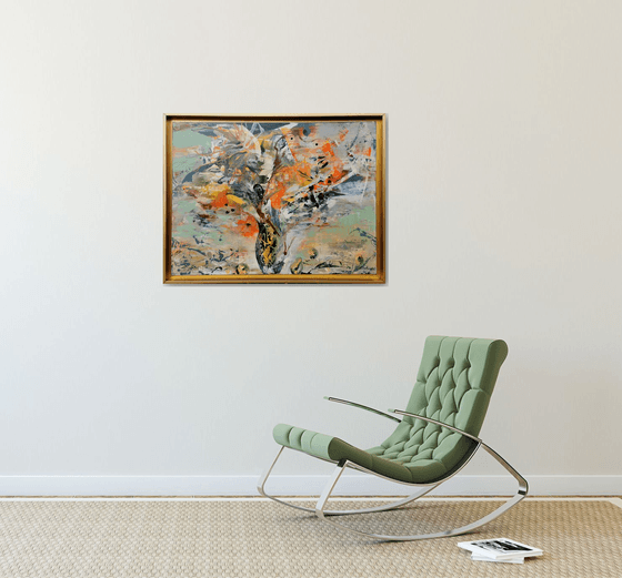 Beautiful green and orange framed painting about eternity and perenity still life painting by O KLOSKA