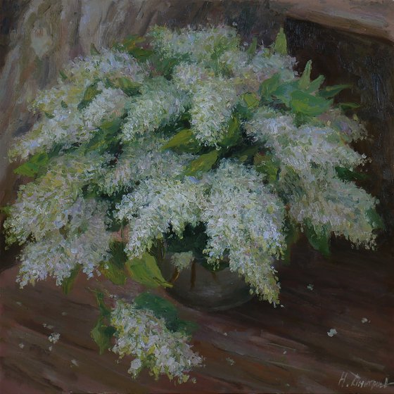 The Bouquet of White Lilacs - Lilacs still life painting