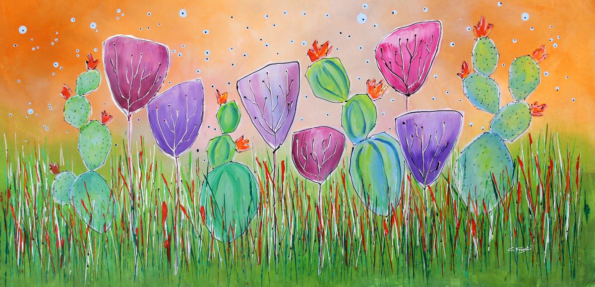 Young Folks- Prickly Friends #2 - Large original abstract floral painting by Cecilia Frigati