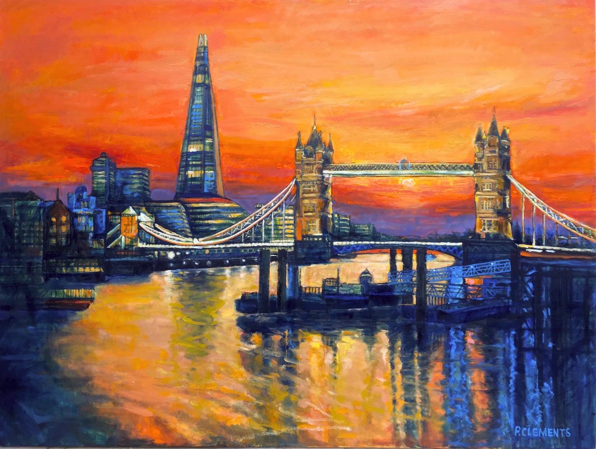Impressionistic Cityscapes Oil Painting By Patricia Clements, 48 X 36", Tower Bridge And Shard, Original Artwork