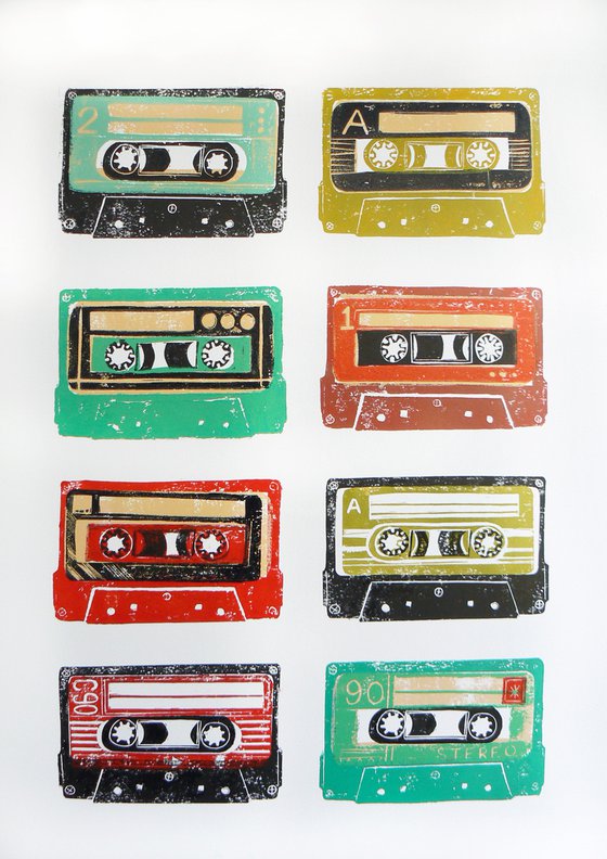 Linocut tapes #9 (cassette tapes, retro music, 70's, 80's rock culture)