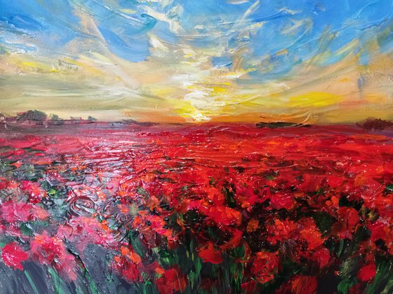 Red  Poppy Field. Original Impasto Acryl Painting With Palette Knife.