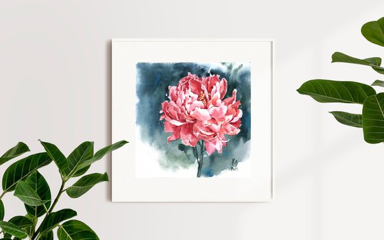 Modern watercolor "Bright red coral peony"  original watercolor illustration