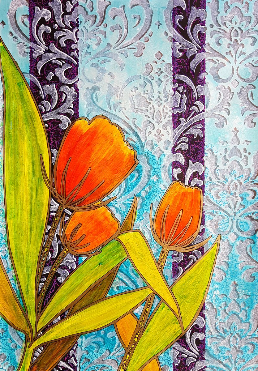 Pure ornament #2 - Tulips Decorative mixed media on paper - 16.5X23.4 by Fabienne Monestier