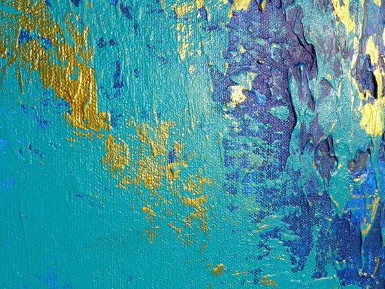 Large Blue and Gold Abstract Textured Painting. Modern Art on Canvas with Structures. Dyptych