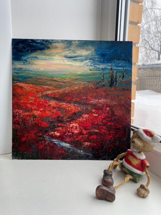 Red paradise. Poppies. Impasto paint.