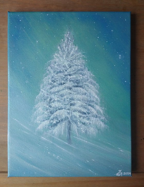 "Frozen". Frozen tree/ northern lights painting by Zoe Adams.