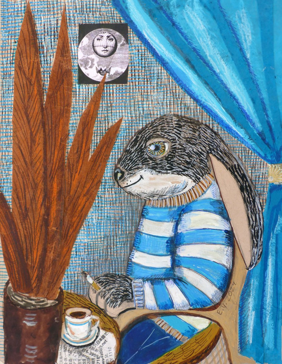 Surrealistic Animal Painting By Elizabeth Vlasova, 11 X 14, Morning Coffee And Cigarette, Original Artwork