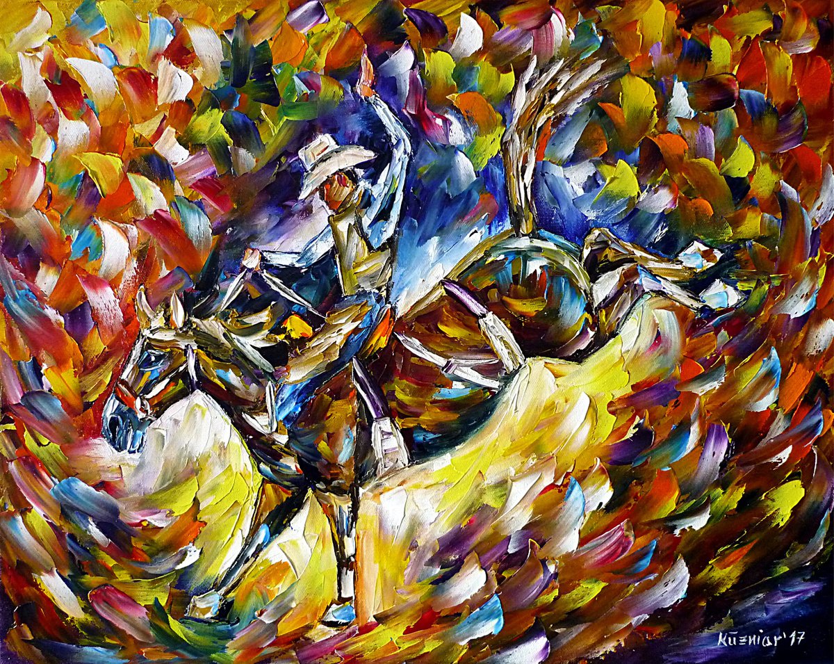Expressive Animal Oil Painting By Mirek Kuzniar, 20 X 16", Rodeo Ii, Original Artwork