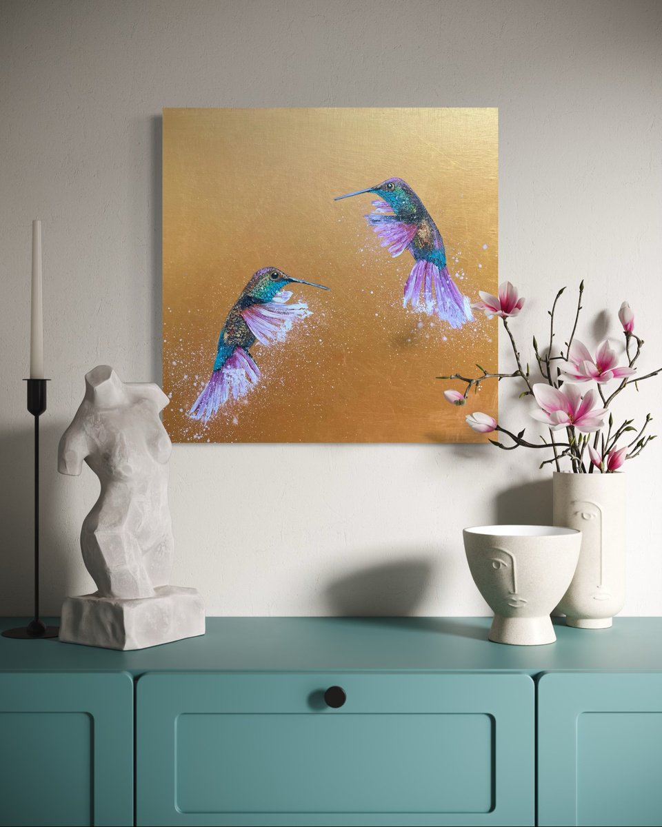 Impressionistic Painting , Two Hummingbirds On Gold By Laure Bury, 16 X 16, Artwork For Sale On Artfinder