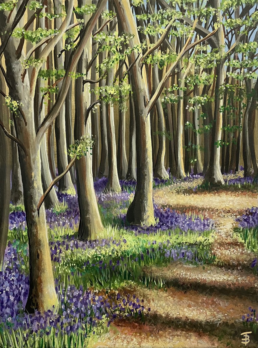 Impressionistic Landscape Acrylic Painting By Tiffany Budd, 17 X 21", Pathway Through Bluebell Woods, Original Artwork