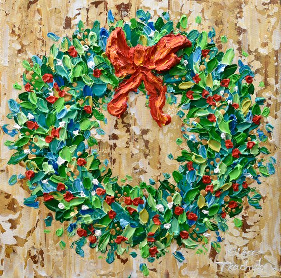 Holiday Wreath - Original Acrylic Painting, Textured Christmas Art