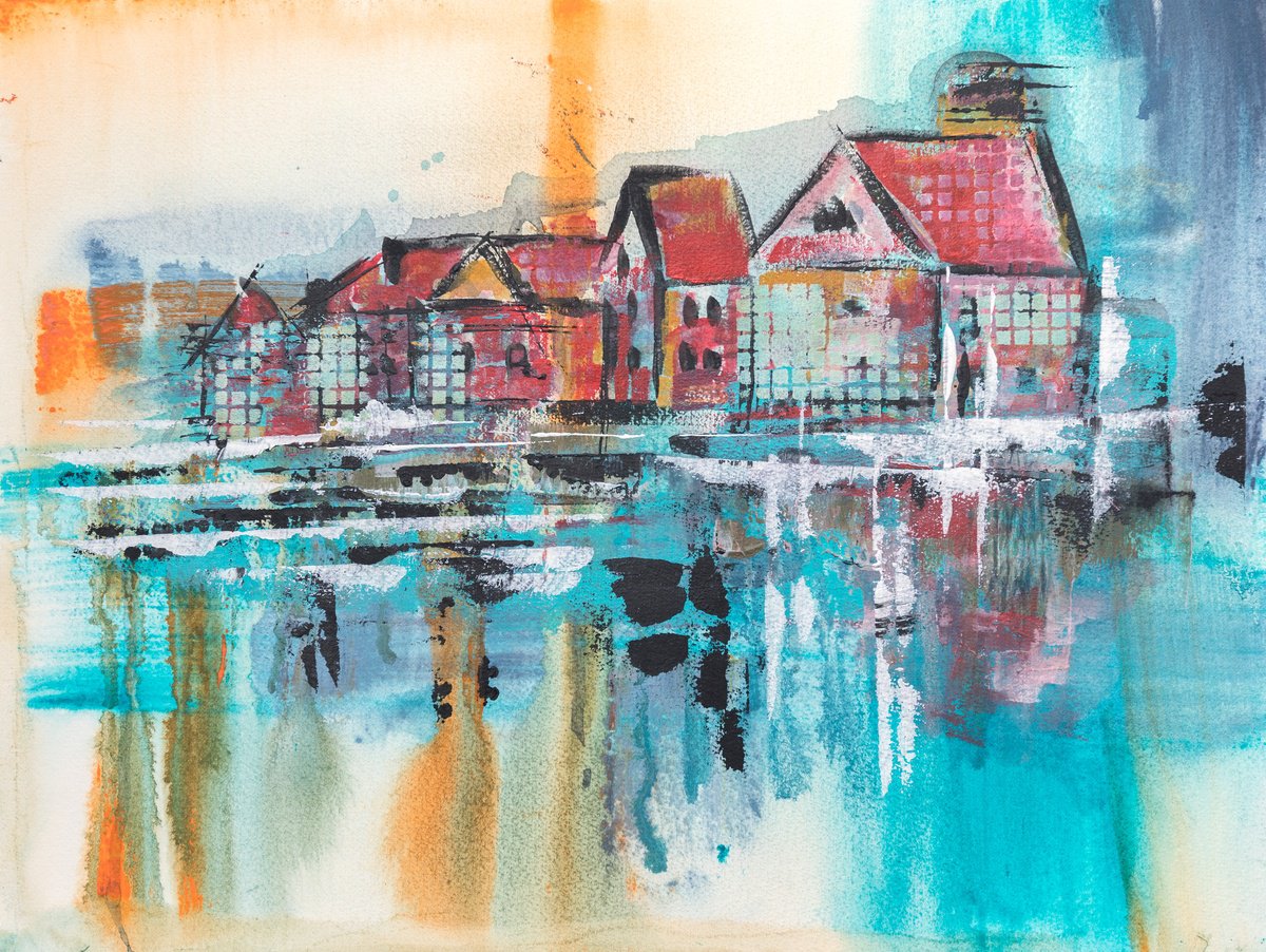 Organic Cityscapes Acrylic Painting By Ariadna De Raadt, 15 X 11, City Of Water 3, Original Artwork