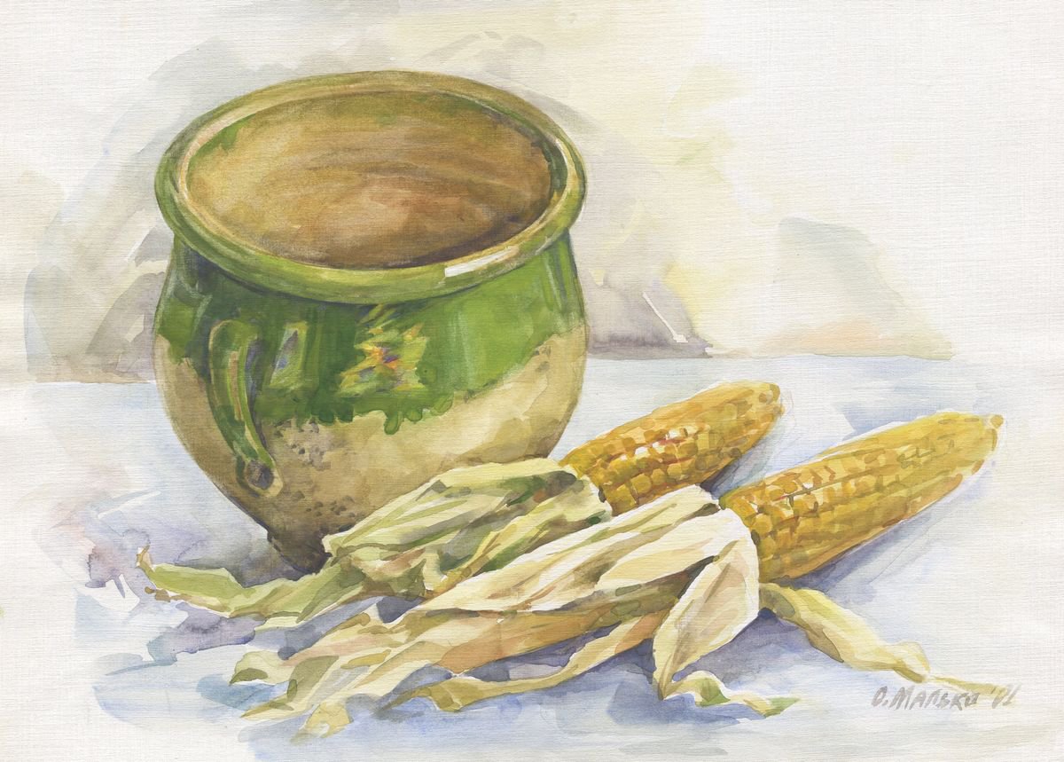 Still life with an old green pot / Kitchen watercolor Corn painting by Olha Malko