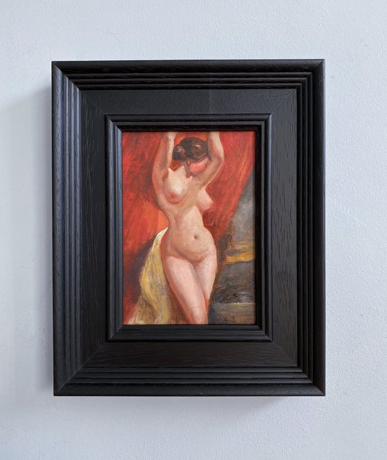 Old Master style female nude figure oil painting, with wooden frame.