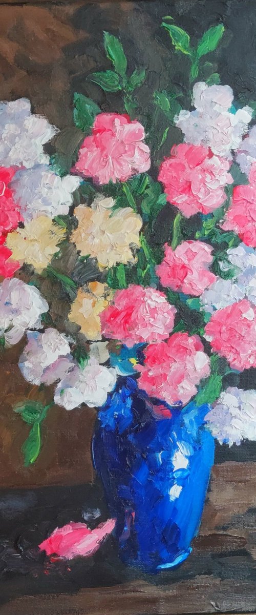 flowers in blue vase by Colin Ross Jack